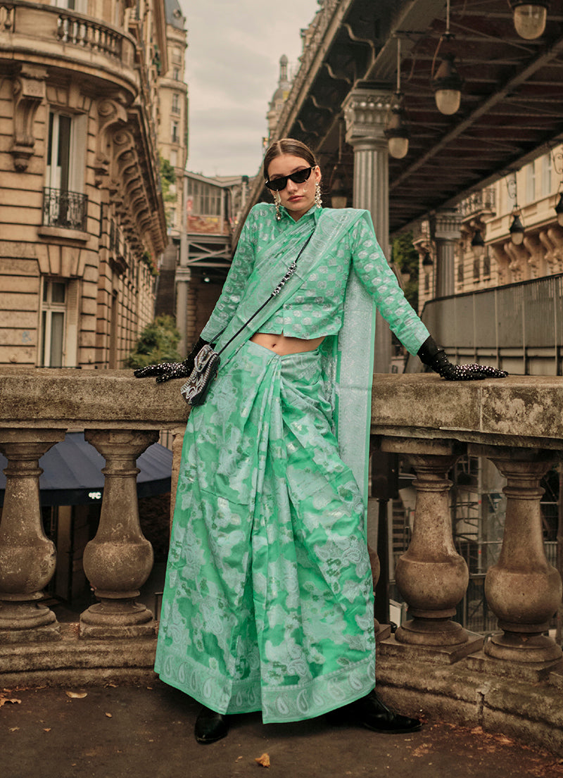 Mint Green Lucknowi Organza Woven Silk Contemporary Saree