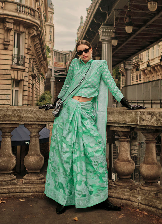 Mint Green Lucknowi Organza Woven Silk Contemporary Saree