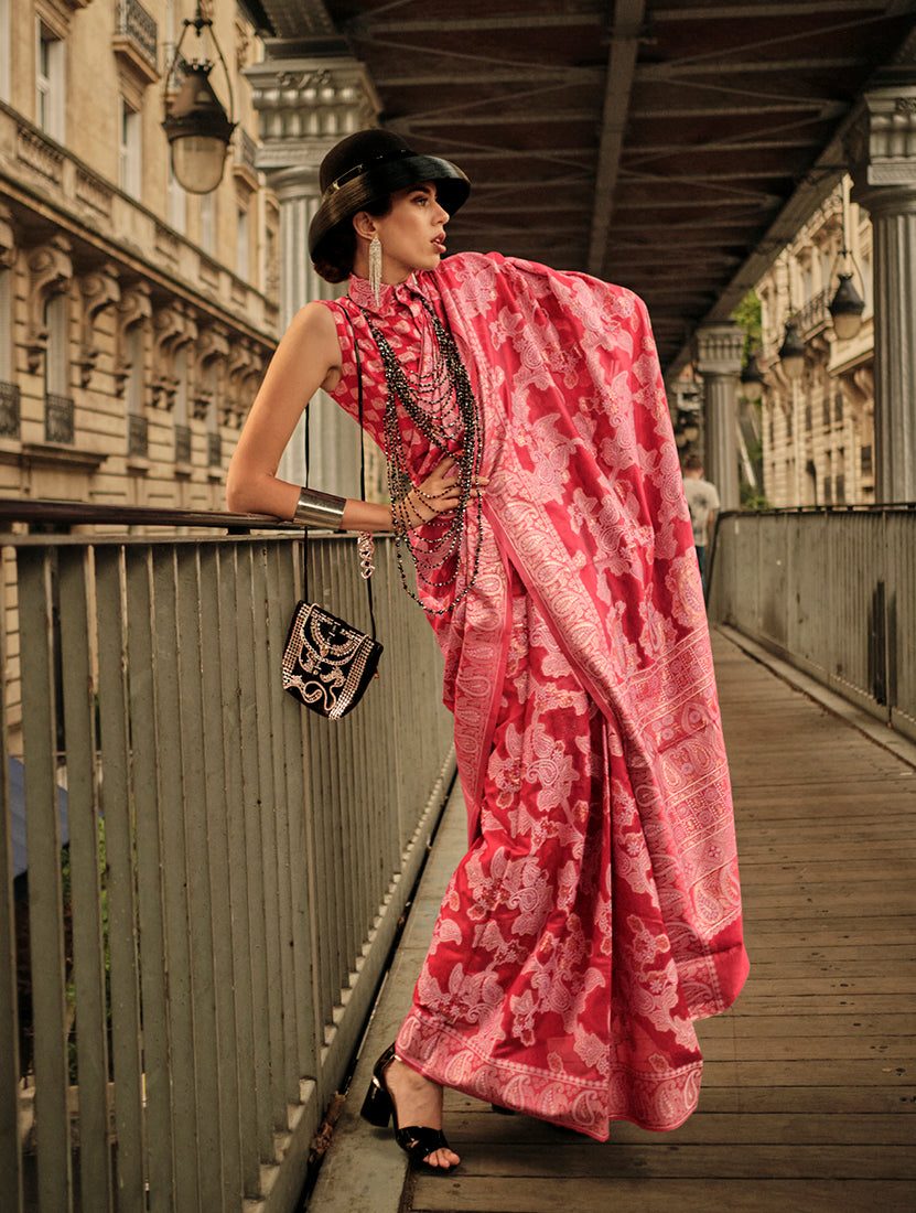 Red Lucknowi Organza Woven Silk Contemporary Saree
