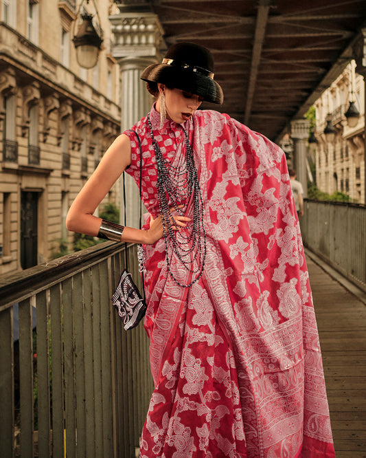 Red Lucknowi Organza Woven Silk Contemporary Saree