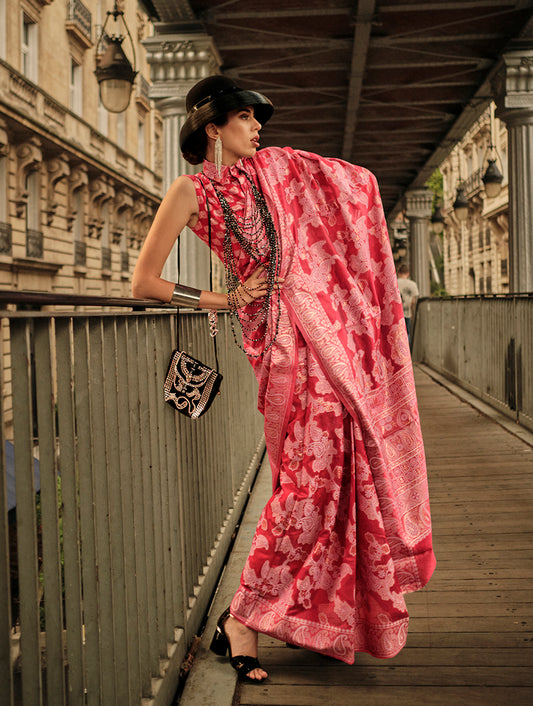 Red Lucknowi Organza Woven Silk Contemporary Saree