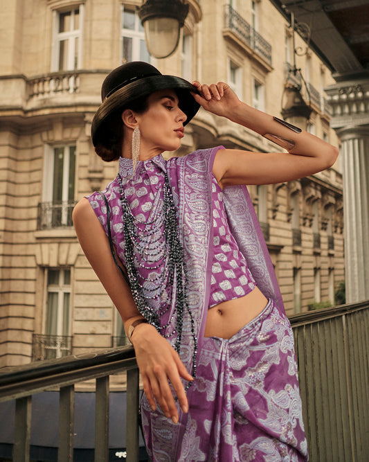 Purple Lucknowi Organza Woven Silk Contemporary Saree