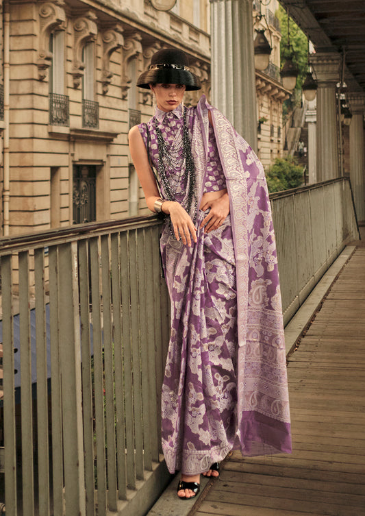 Purple Lucknowi Organza Woven Silk Contemporary Saree