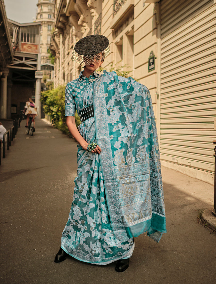 Sky Blue Lucknowi Organza Woven Silk Contemporary Saree