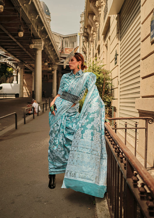 Sky Blue Lucknowi Organza Woven Silk Contemporary Saree