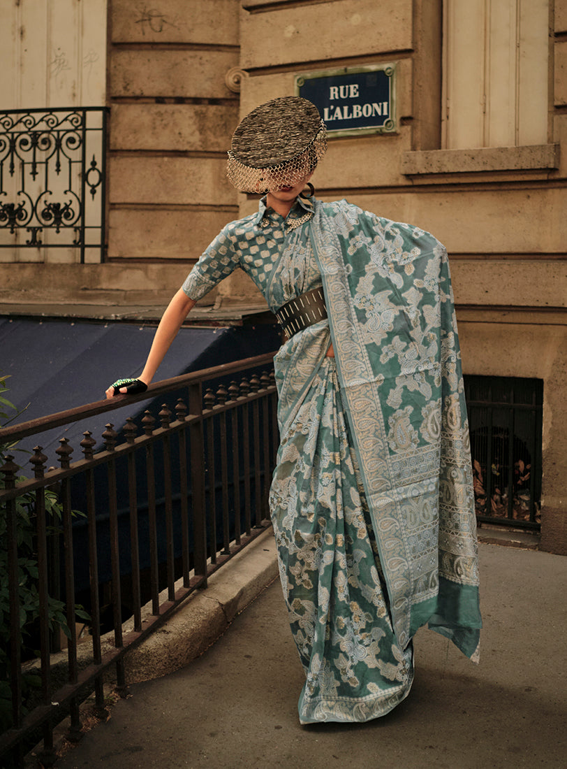 Dusty Green Lucknowi Organza Woven Silk Contemporary Saree