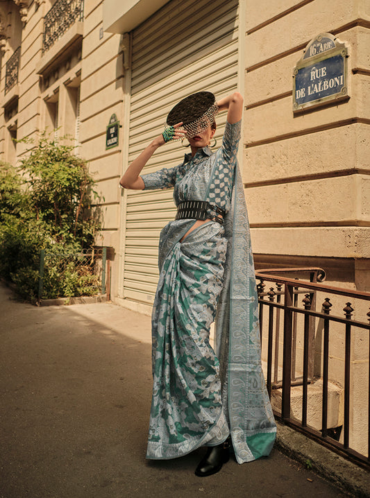 Dusty Green Lucknowi Organza Woven Silk Contemporary Saree