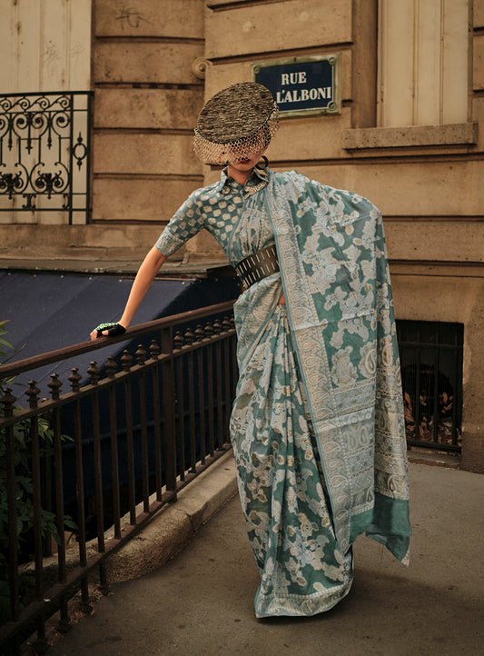 Dusty Green Lucknowi Organza Woven Silk Contemporary Saree