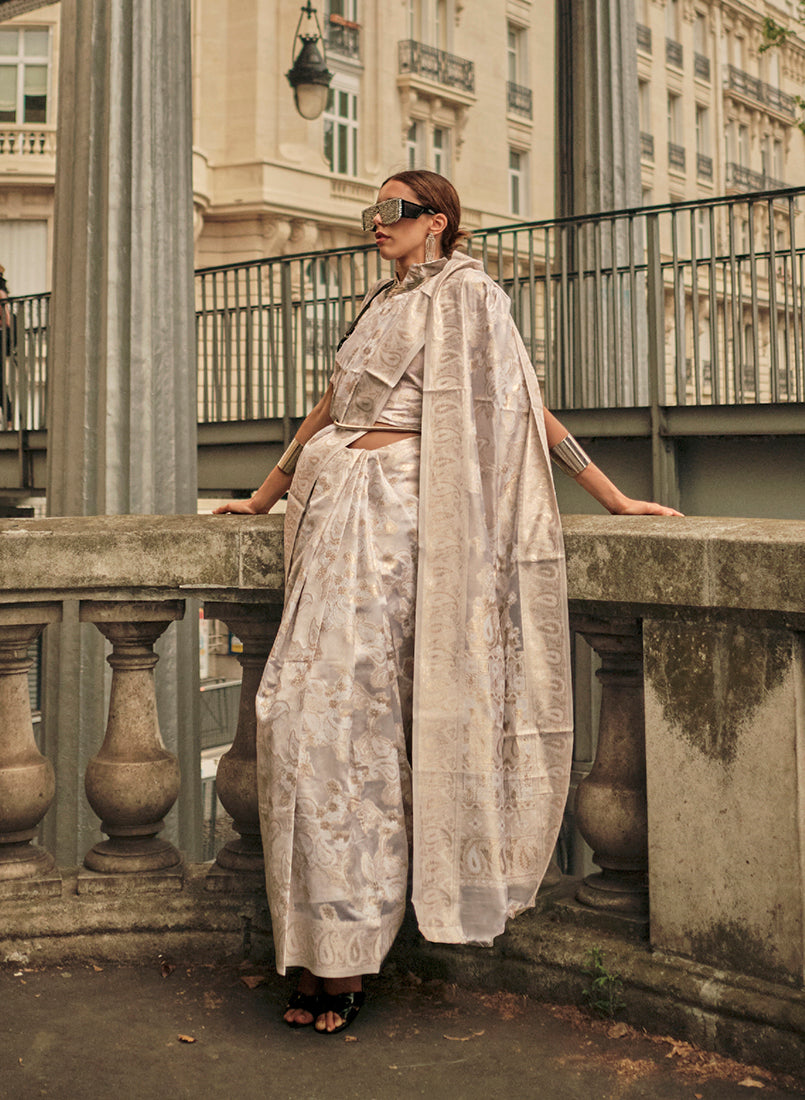 White Lucknowi Organza Woven Silk Contemporary Saree