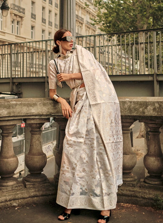 White Lucknowi Organza Woven Silk Contemporary Saree