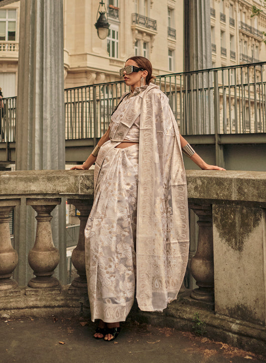White Lucknowi Organza Woven Silk Contemporary Saree