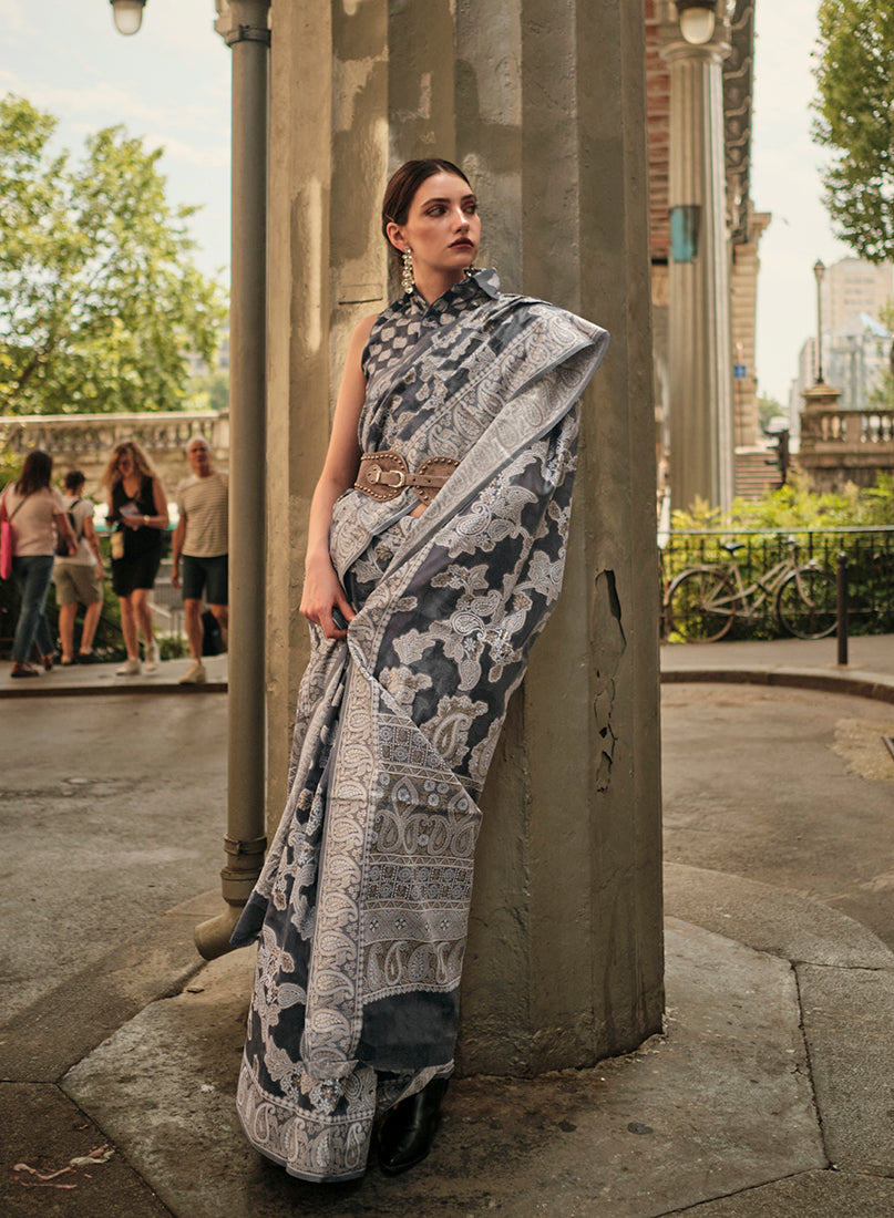 Gray Lucknowi Organza Woven Silk Contemporary Saree
