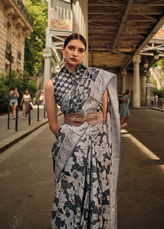 Gray Lucknowi Organza Woven Silk Contemporary Saree