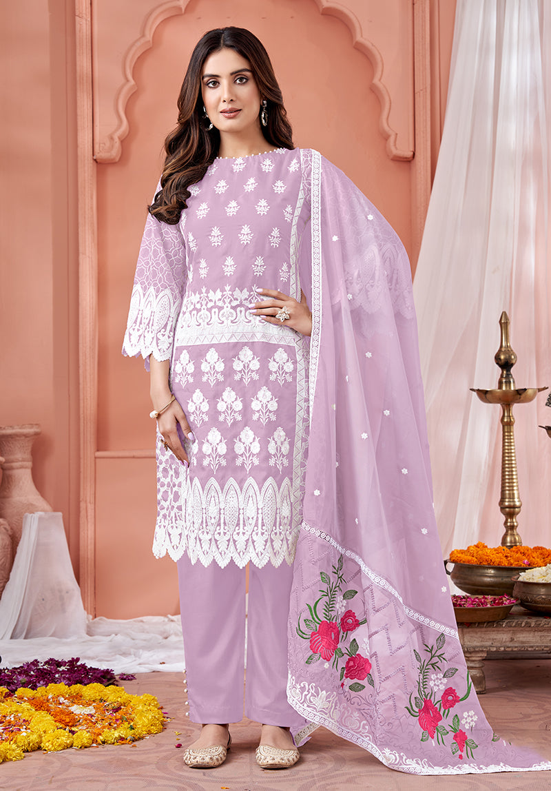 Lilac Soft Organza Embroidered Ethinc Wear Suit - Monjolika Fashion