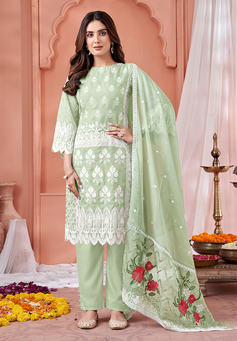 Light Green Soft Organza Embroidered Ethinc Wear Suit