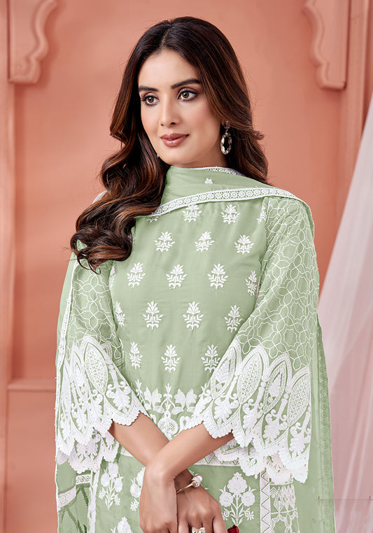 Light Green Soft Organza Embroidered Ethinc Wear Suit - Monjolika Fashion