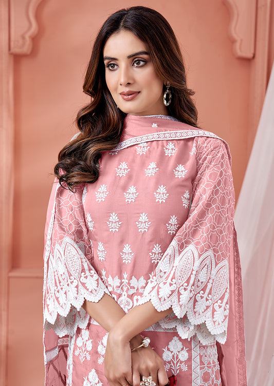 Light Pink Soft Organza Embroidered Ethinc Wear Suit - Monjolika Fashion