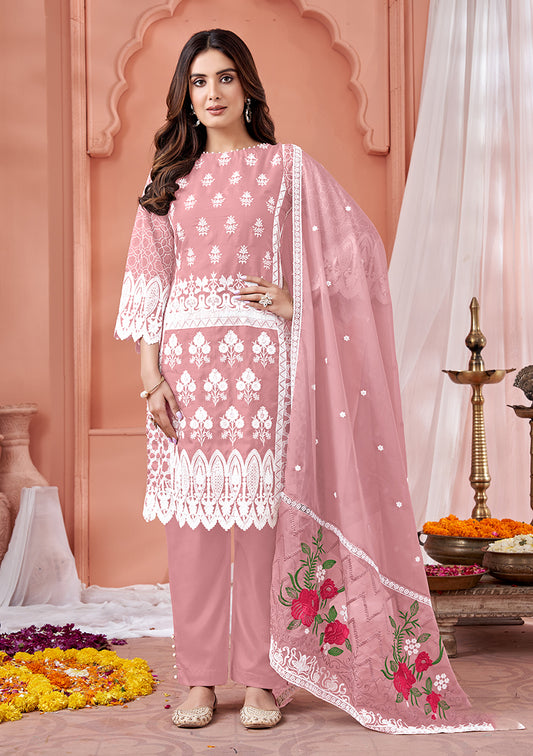 Light Pink Soft Organza Embroidered Ethinc Wear Suit - Monjolika Fashion