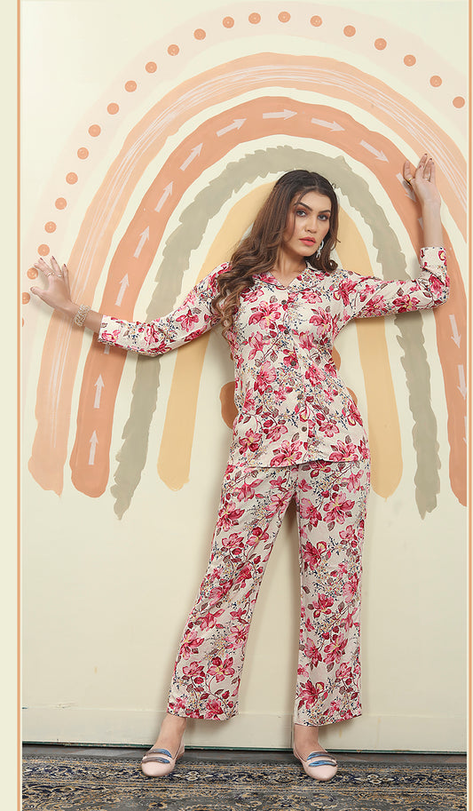 Off White and Red Premium Rayon Floral Printed Kurta and Pant Set