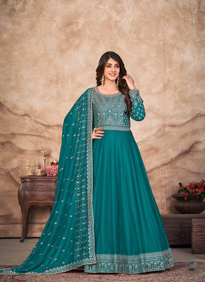 Teal Art Silk Embroidered Designer Anarkali Suit
