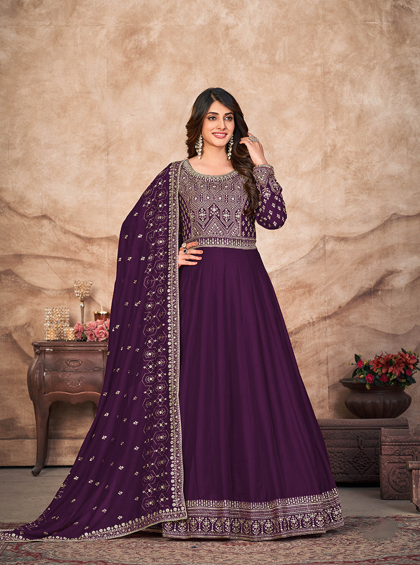 Purple Art Silk Embroidered Designer Anarkali Suit