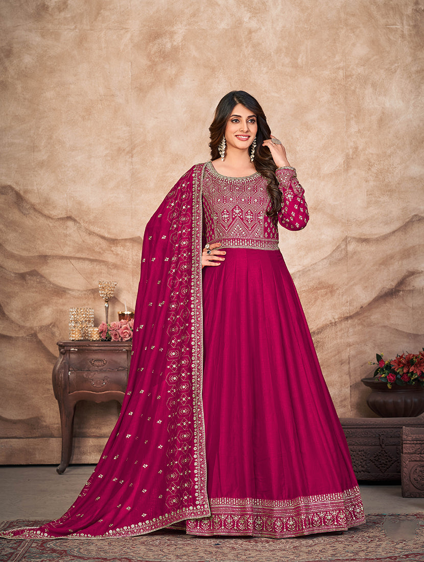 Dark Pink Embroidered Art Silk Designer Anarkali Suit