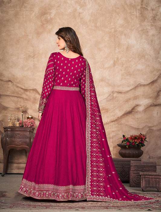Dark Pink Embroidered Art Silk Designer Anarkali Suit - Monjolika Fashion