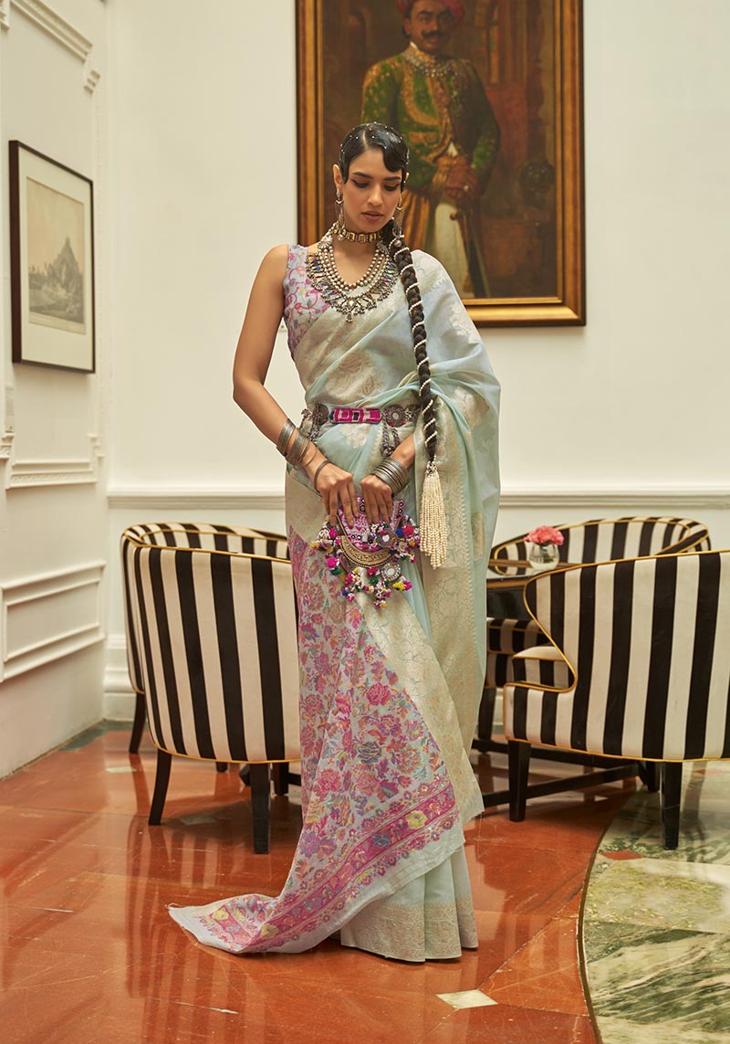 Sky Blue Kashmiri Silk Zari Weaving Pashmina Style Saree