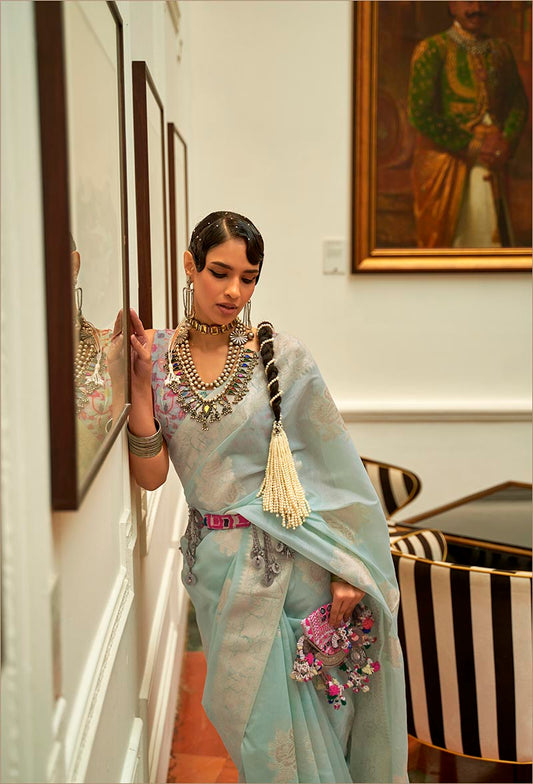Sky Blue Kashmiri Silk Zari Weaving Pashmina Style Saree