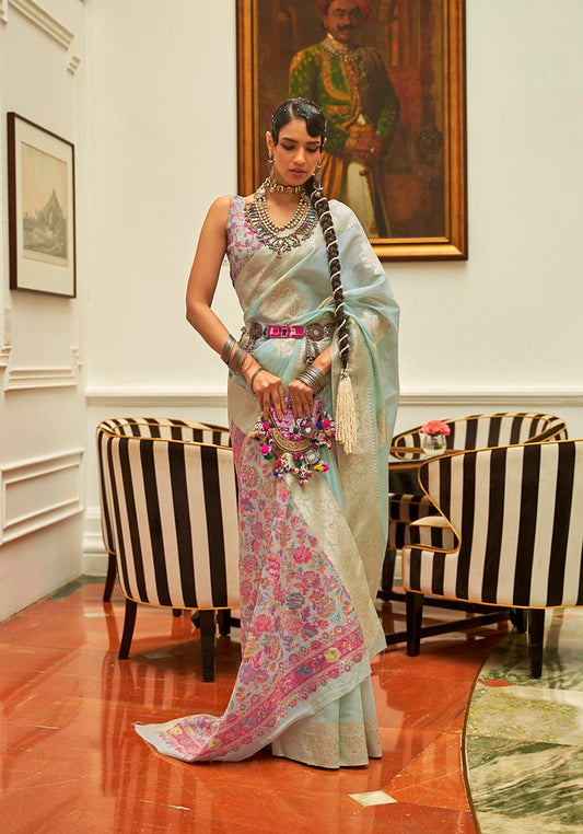 Sky Blue Kashmiri Silk Zari Weaving Pashmina Style Saree