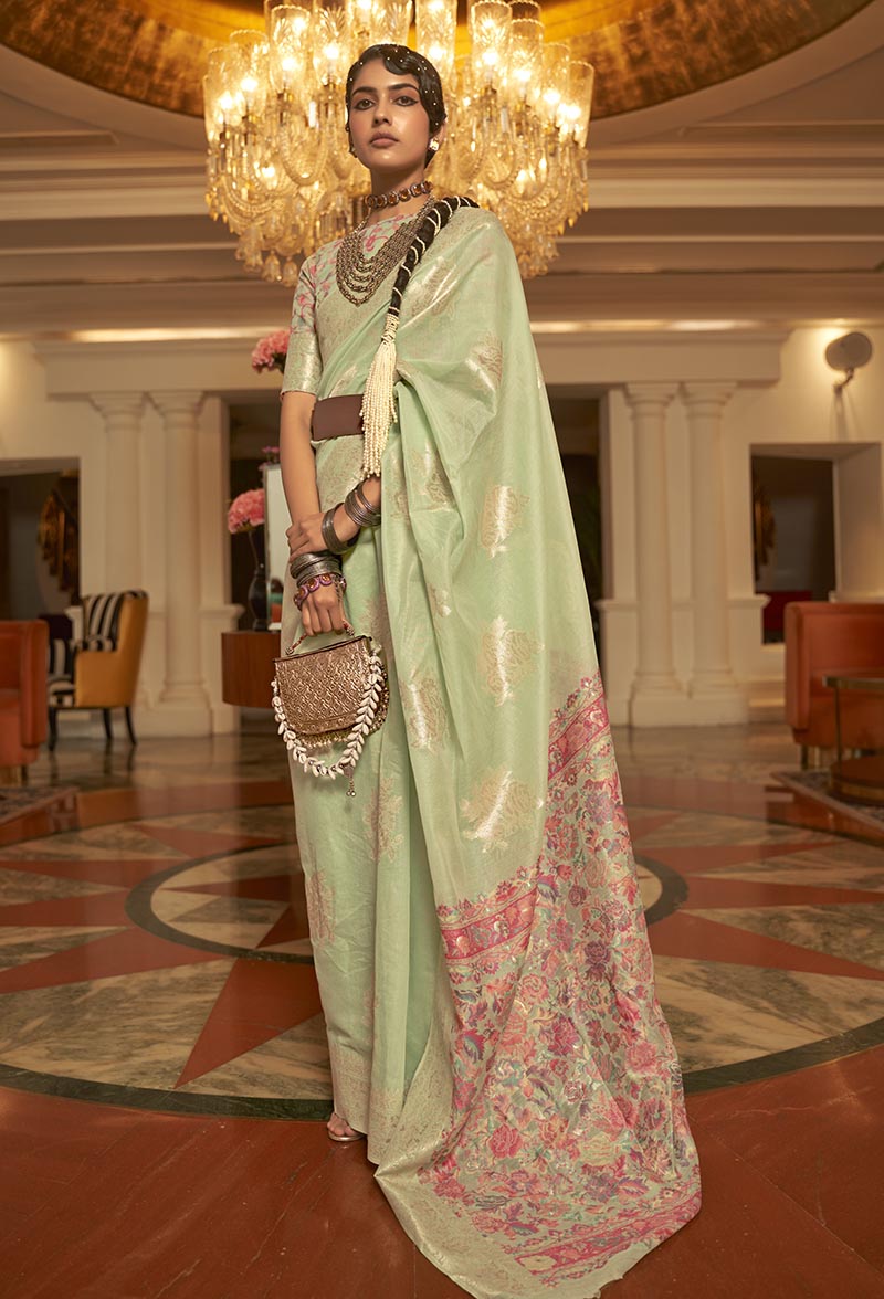 Light Green Kashmiri Silk Zari Weaving Pashmina Style Saree