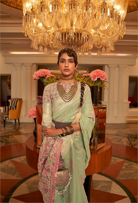 Light Green Kashmiri Silk Zari Weaving Pashmina Style Saree
