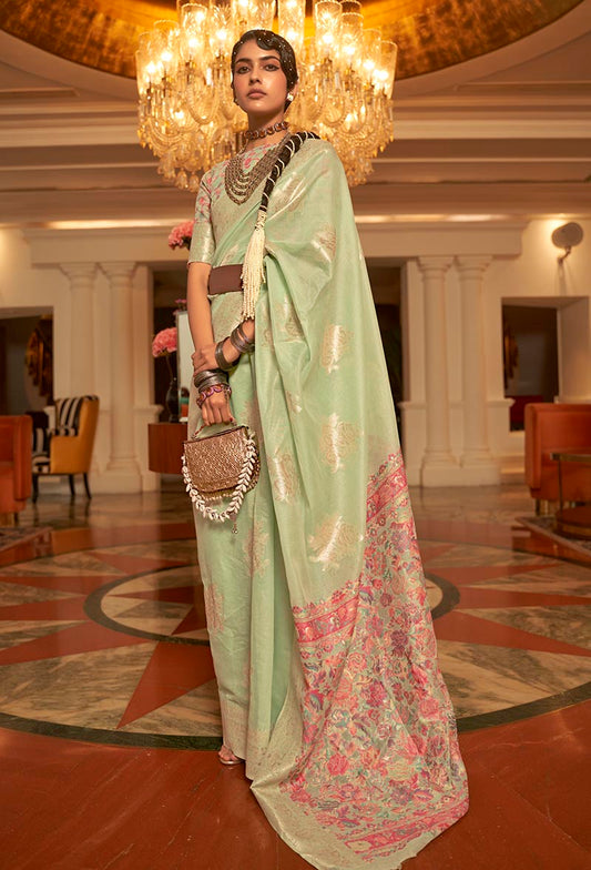 Light Green Kashmiri Silk Zari Weaving Pashmina Style Saree