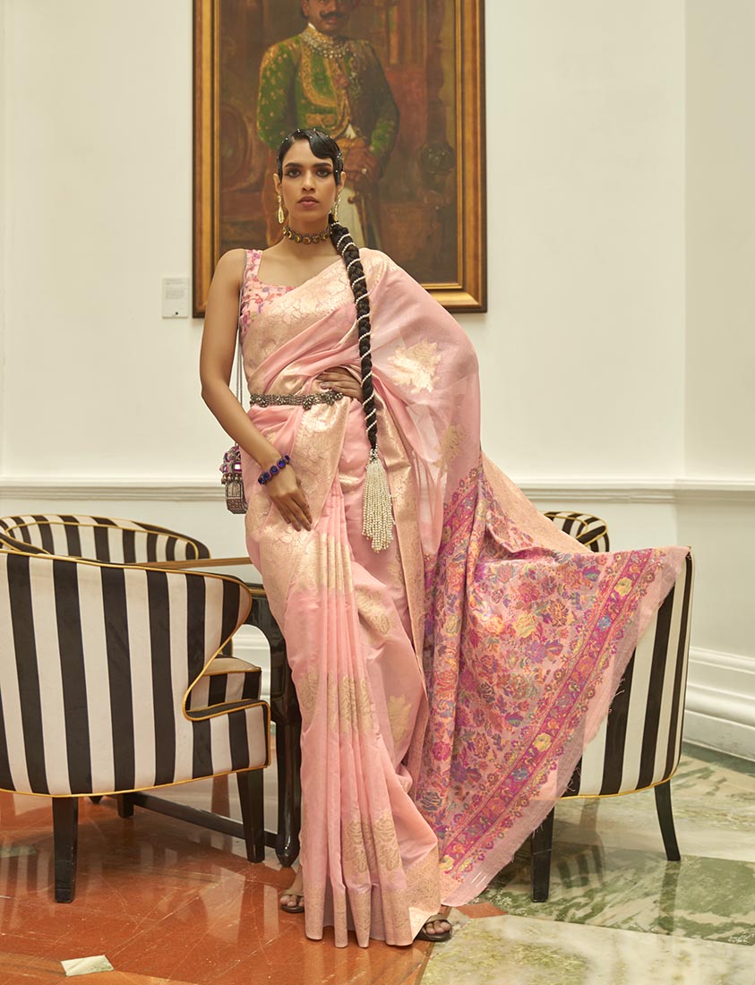 Peach Kashmiri Silk Zari Weaving Pashmina Style Saree