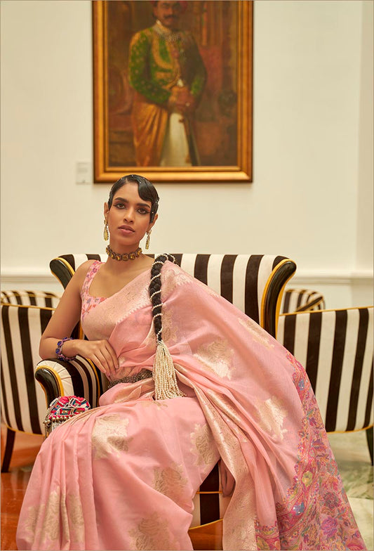 Peach Kashmiri Silk Zari Weaving Pashmina Style Saree