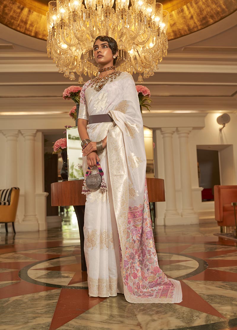 White Kashmiri Silk Zari Weaving Pashmina Style Saree