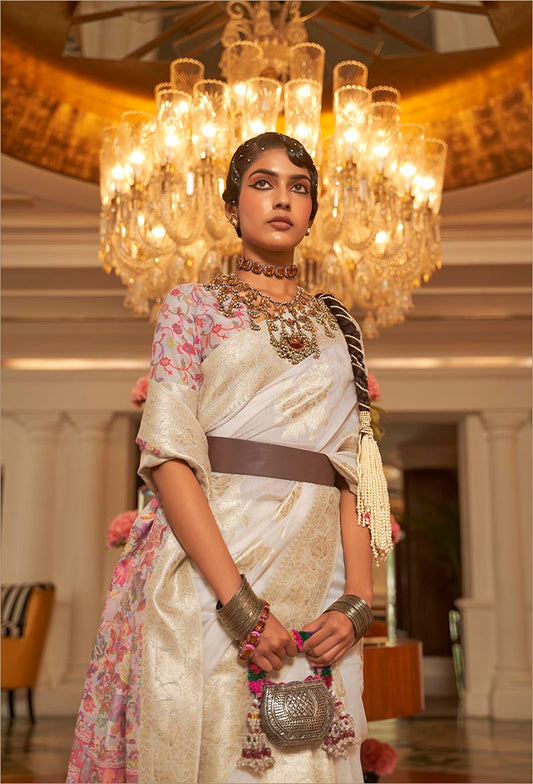 White Kashmiri Silk Zari Weaving Pashmina Style Saree