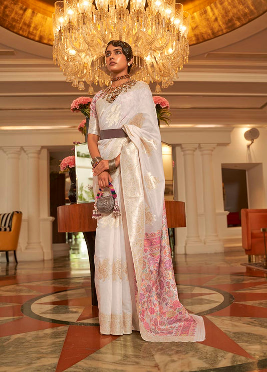 White Kashmiri Silk Zari Weaving Pashmina Style Saree