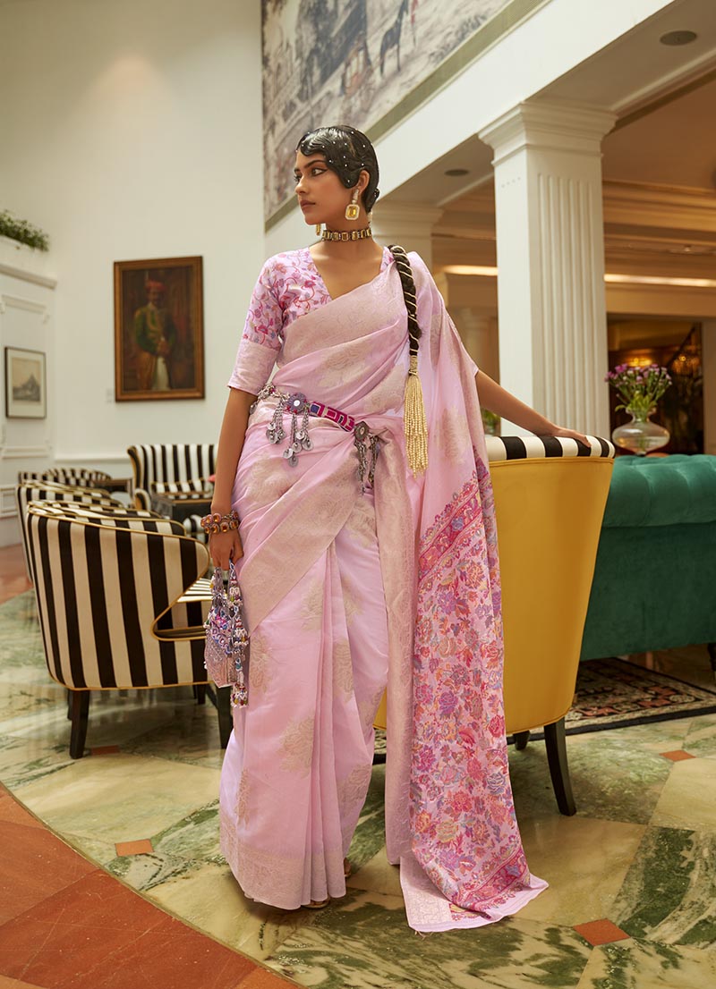 Light Pink Kashmiri Silk Zari Weaving Pashmina Style Saree
