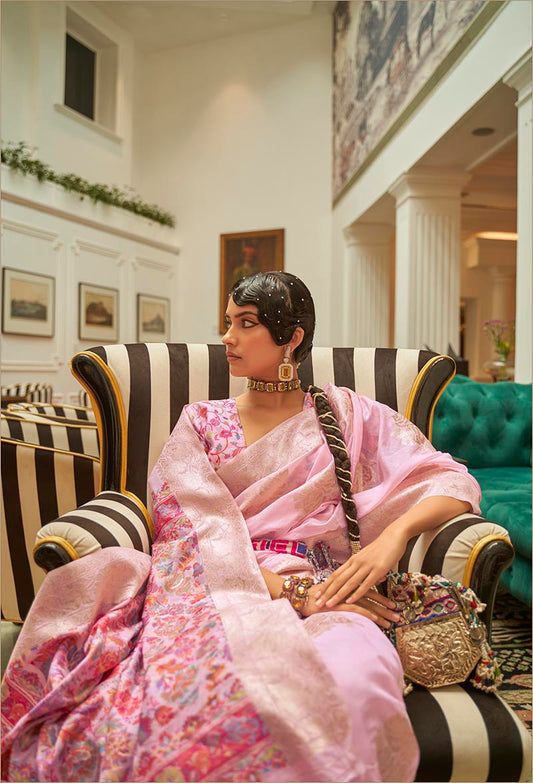 Light Pink Kashmiri Silk Zari Weaving Pashmina Style Saree
