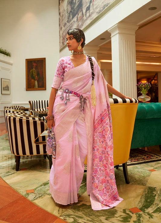 Light Pink Kashmiri Silk Zari Weaving Pashmina Style Saree