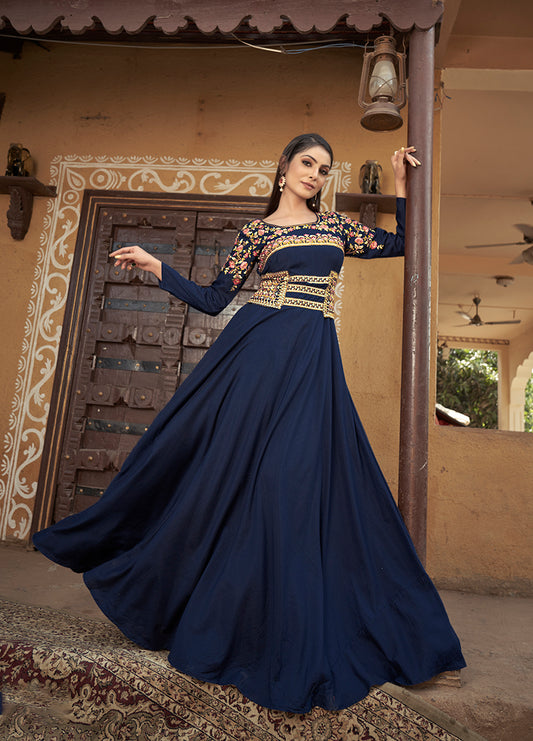 Navy blue Color Maslin Silk Heavy Embroidered Gown