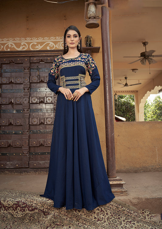 Navy blue Color Maslin Silk Heavy Embroidered Gown