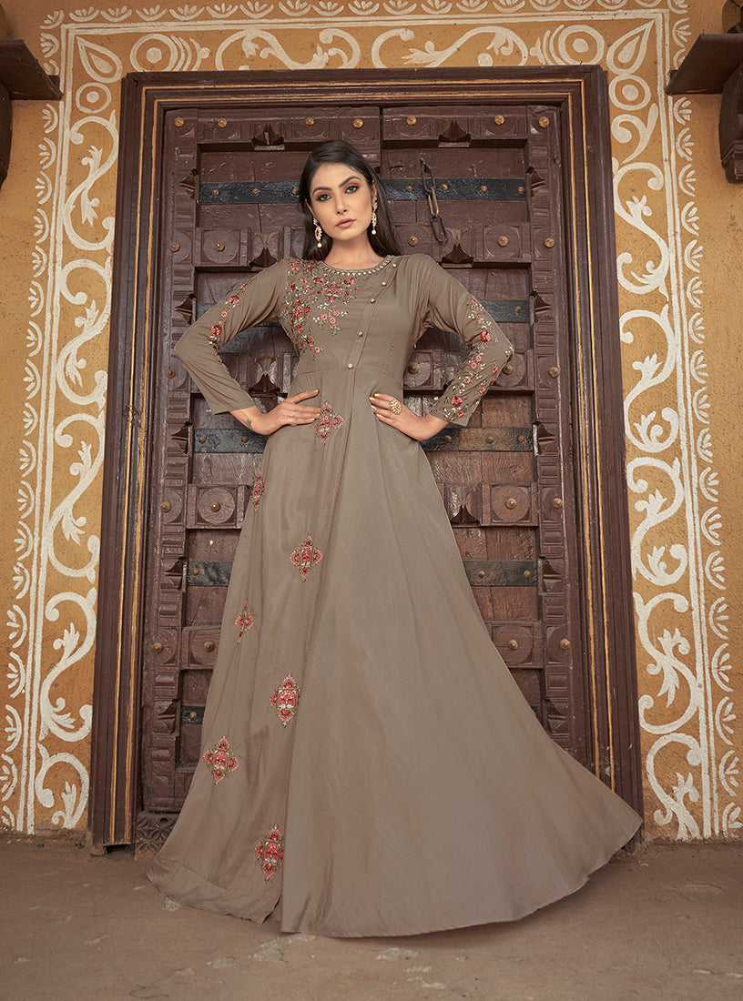 Beige Color Maslin Silk Heavy Embroidered Gown