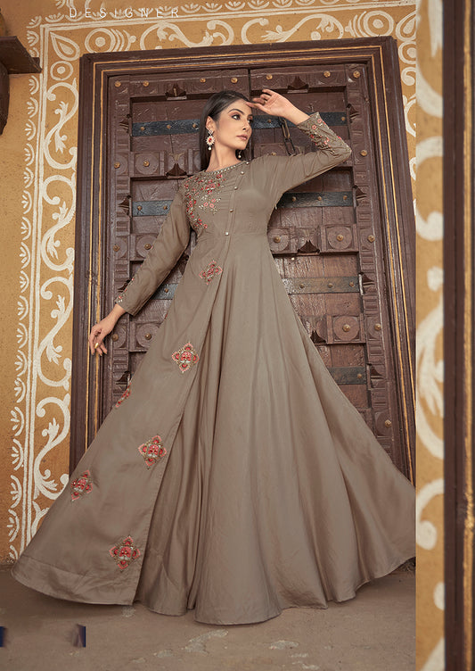 Beige Color Maslin Silk Heavy Embroidered Gown