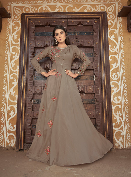 Beige Color Maslin Silk Heavy Embroidered Gown