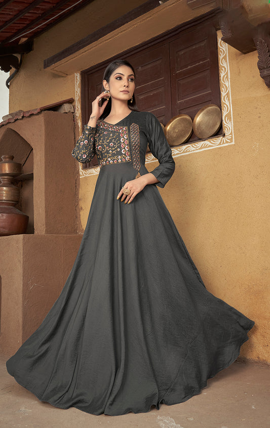 Dark Grey Color Maslin Silk Heavy Embroidered Gown