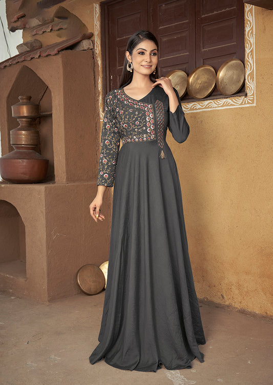 Dark Grey Color Maslin Silk Heavy Embroidered Gown