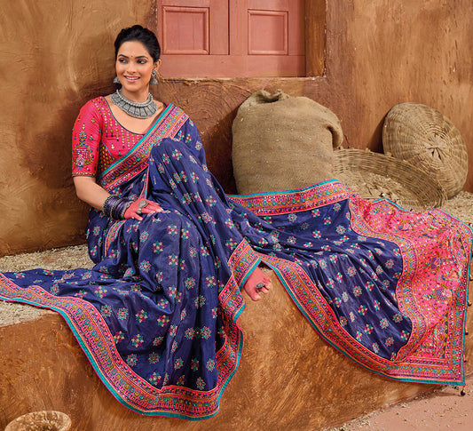 Navy Blue Banarasi Silk Kachhi Work Saree With Contrast Blouse