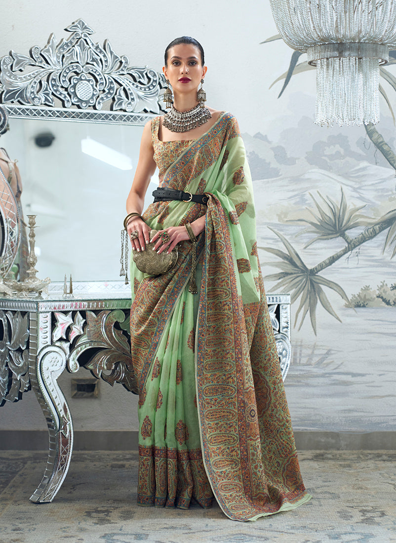 Light Green Royal Kashmiri Silk Zari Weaving Saree in Pashmina Style